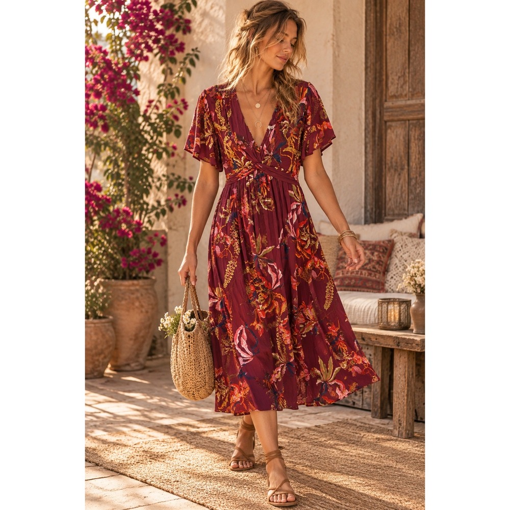 Soma Women Burgundy Floral V-Neck Empire Waist Flutter Sleeve Midi Dress Size M